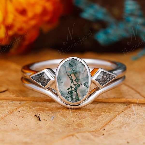 Natural Green Moss Agate Engagement Ring Set, Vintage Moss Agate Wedding Ring Set, Gold Stacking Rings, Rutilated Quartz Ring For Women