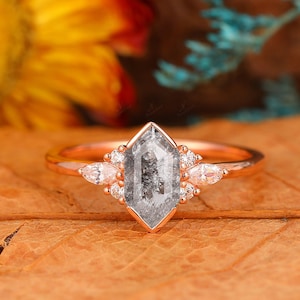 Hexagon Cut Diamond Engagement Ring, Galaxy Raw Salt and Pepper Diamond Ring, Black White Herkimer Diamond Ring, Moissanite Ring For Her