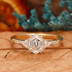 1.55CT Hexagon Moissanite Engagement Ring, Antique Bridal Promise Ring For Women, Triangle Moissanite Wedding Ring, Art Deco Jewelry Gift