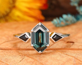 Low Profile Ring For Women, Long Hexagon Cut 1.1CT Teal Sapphire Engagement Ring, Kite Cut Black Onyx Ring, Blue Green Sapphire Bridal Ring