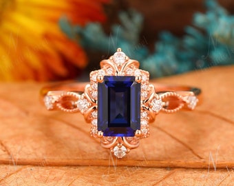 1CT Emerald Cut Sapphire Engagement Ring, Art Deco Milgrain Wedding Promise Ring, Moissanite Bridal Ring, Blue Gemstone Ring For Women