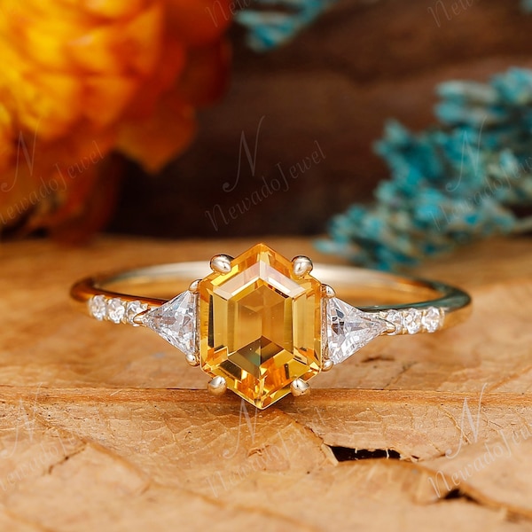 Vintage Hexagon Cut Citrine Engagement Ring, Unique Yellow Gold Wedding Ring, Moissanite Anniversary Promise Ring Gift, Ring Gift For Her