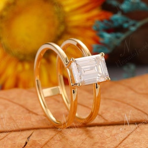 Emerald Moissanite Double Band Ring, Gouden Moissanite Ring, Emerald Shaped Vintage Verlovingsring, Verjaardag Bruidsring, Solitaire Ring