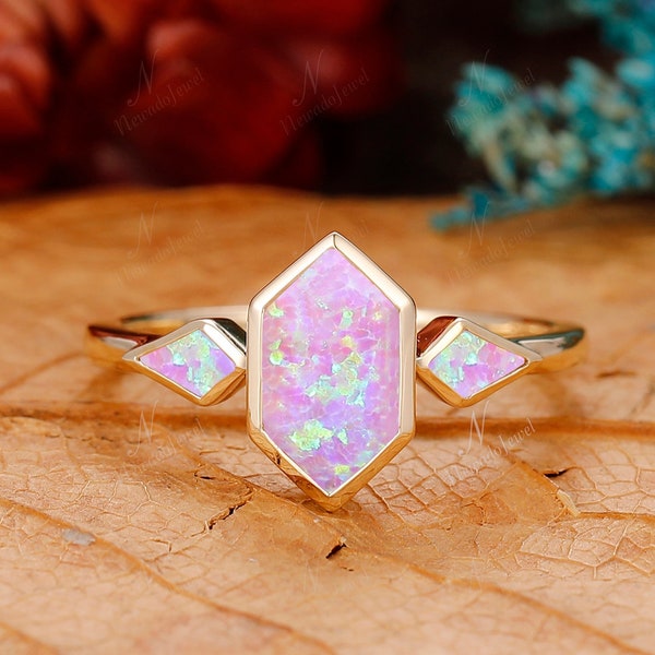 Long Hexagon Cut Pink Opal Engagement Ring, Unique Yellow Gold Anniversary Ring, Art Deco Bezel Set Wedding Ring, Promise Anniversary Ring