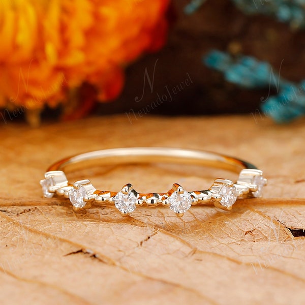 Vintage Moissanite Wedding Band Six Stone Stacking Band Yellow Gold Moissanite Matching Band Anniversary Wedding Rings, Dainty Promise Ring