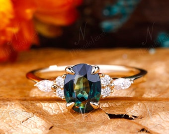 Women Bridal Jewelry, Oval Cut 6x8mm Natural Teal Sapphire Ring, 14k Gold Lover Promise Ring, 18k Gold Anniversary Ring, Jewelry For Her