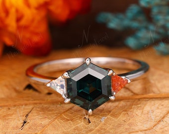 Hexagon Shaped Teal Sapphire Engagement Ring, Triangle Natural Sunstone & Moonstone Ring, 6 Prong Wedding Bridal Ring, Blur Green Stone