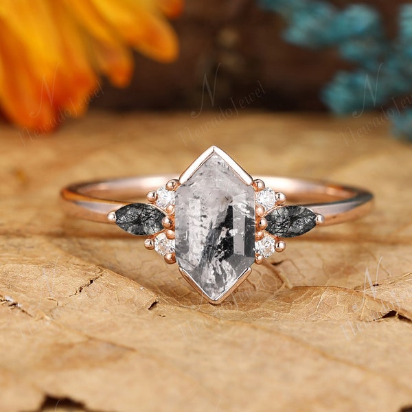Black White Herkimer Diamond Ring, Moissanite Ring For Her, 1.1CT Hexagon Cut Galaxy Raw Salt and Pepper Diamond Engagement Ring for Women