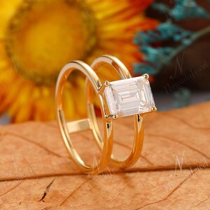 Lab Grown Diamond Emerald Cut verlovingsring, IGI gecertificeerde gouden ring, gele gouden ring, dubbele band Solitaire ring, bruids ring voor vrouwen