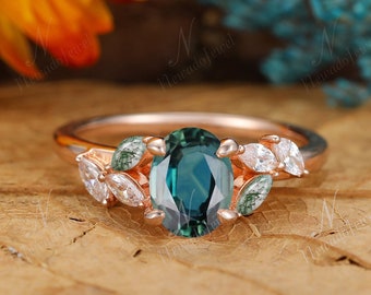 Teal Sapphire Engagement Ring, Natural Peacock Green Sapphire Anniversary Promise Ring, Vintage 1.5CT Oval Blue Green Sapphire Promise Ring