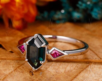 Hexagon Cut Blue Green Sapphire Engagement Ring, Teal Sapphire Wedding Ring, Art Deco Kite Cut Ruby Ring, Promise Bridal Wedding Ring Women