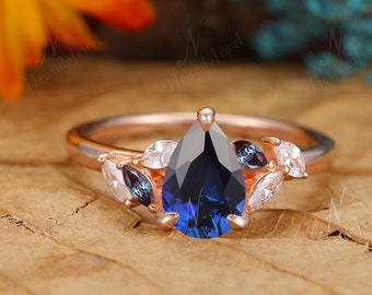 September Birthstone Ring, Teardrop Shaped Blue Sapphire Gemstone Engagement Ring, Antique Sapphire Wedding Anniversary Ring 18K Solid Gold