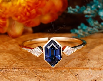 Long Hexagon Cut Sapphire Engagement Ring, Bezel Set September Birthstone Ring, Low Profile Blue Gemstone Ring, Solid Gold Anniversary Ring