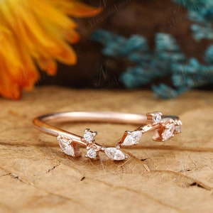 Vintage Moissanite Marquise Wedding Band, Women Rose Gold Cluster Stacking Ring, Art Deco Unique Promise Ring Gift, Anniversary Band Ring
