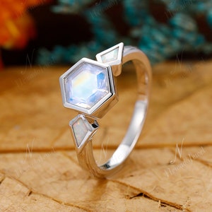 Bezel Set 6mm Hexagon Rainbow Moonstone Engagement Ring Bezel Set 6mm Hexagon Rainbow Moonstone Engagement Ring