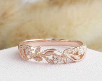 Art Deco Natural Diamond Ring, Vintage Leaf Vine Stacking Ring, Unique Antique Moissanite Ring, Delicate Promise Ring, Christmas Gifts