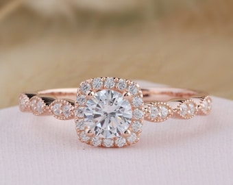 Art Deco Moissanite Ring, Round 5mm Moissanite Ring, Engagement Ring, Mil-grain Design Halo Ring, Promise Wedding Ring, Half Eternity Ring