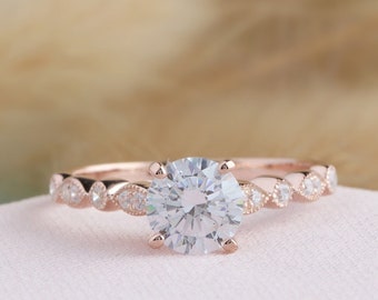 Vintage 1ct Runder Farbloser Moissanite Verlobungsring, Rose Gold Versprechen Ring, Ehering Für Frauen, Milgrain Stil Jubiläumsring