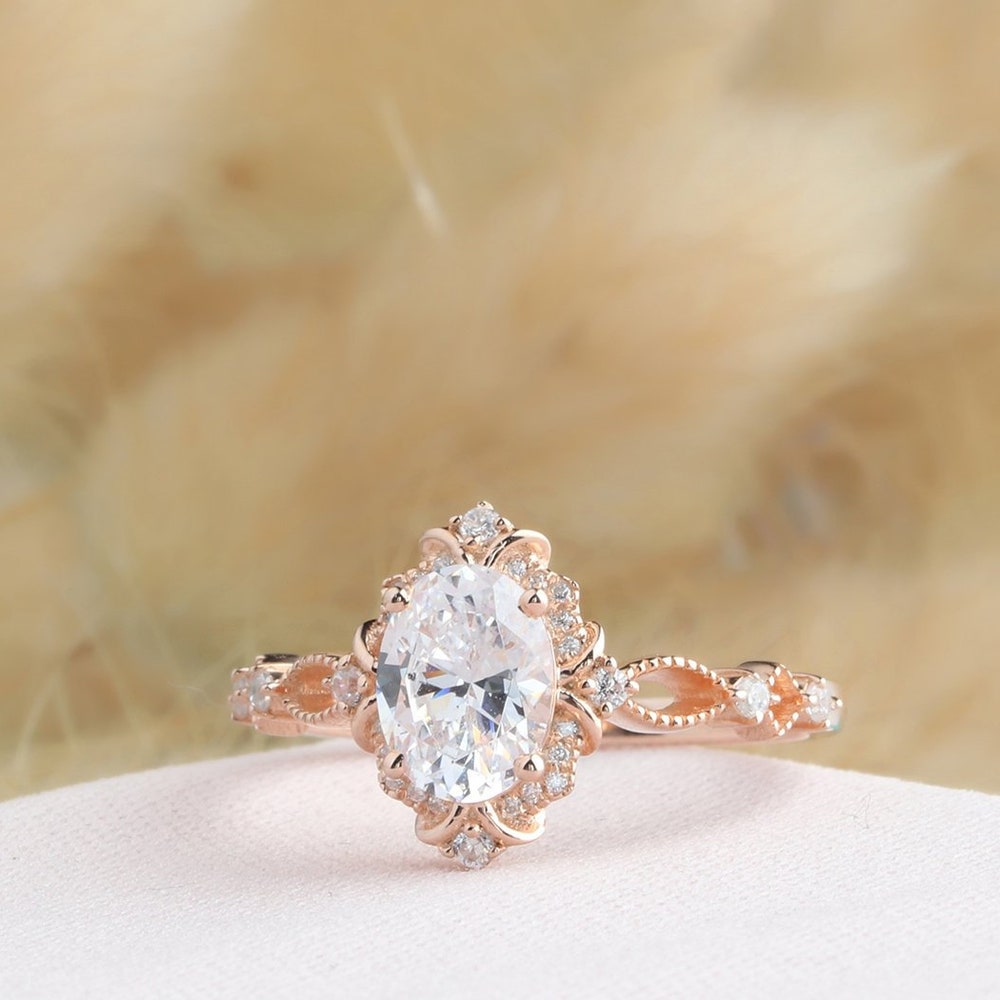 Halo Rose Gold Ring Oval Cut 6x8mm Moissanite Ring Vintage image 0