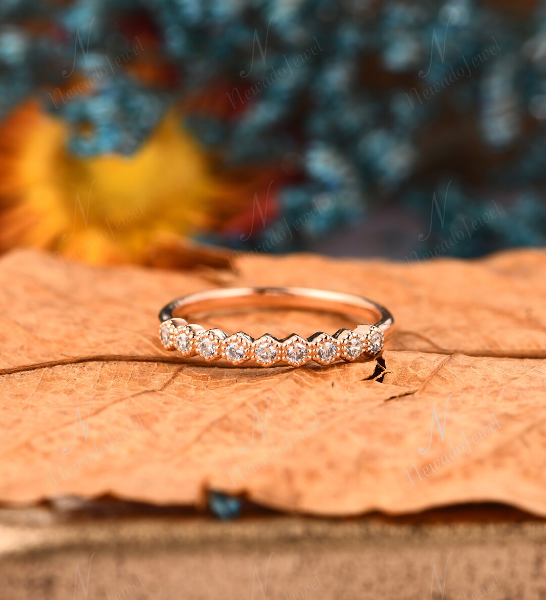 Art Deco Rose Gold Wedding Band, Half Eternity Diamond Stacking Ring