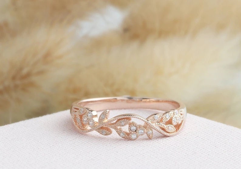 Art Deco Natural Diamond Ring, Vintage Leaf Vine Stacking Ring, Unique Antique Moissanite Ring, Delicate Promise Ring, Half Eternity Band 