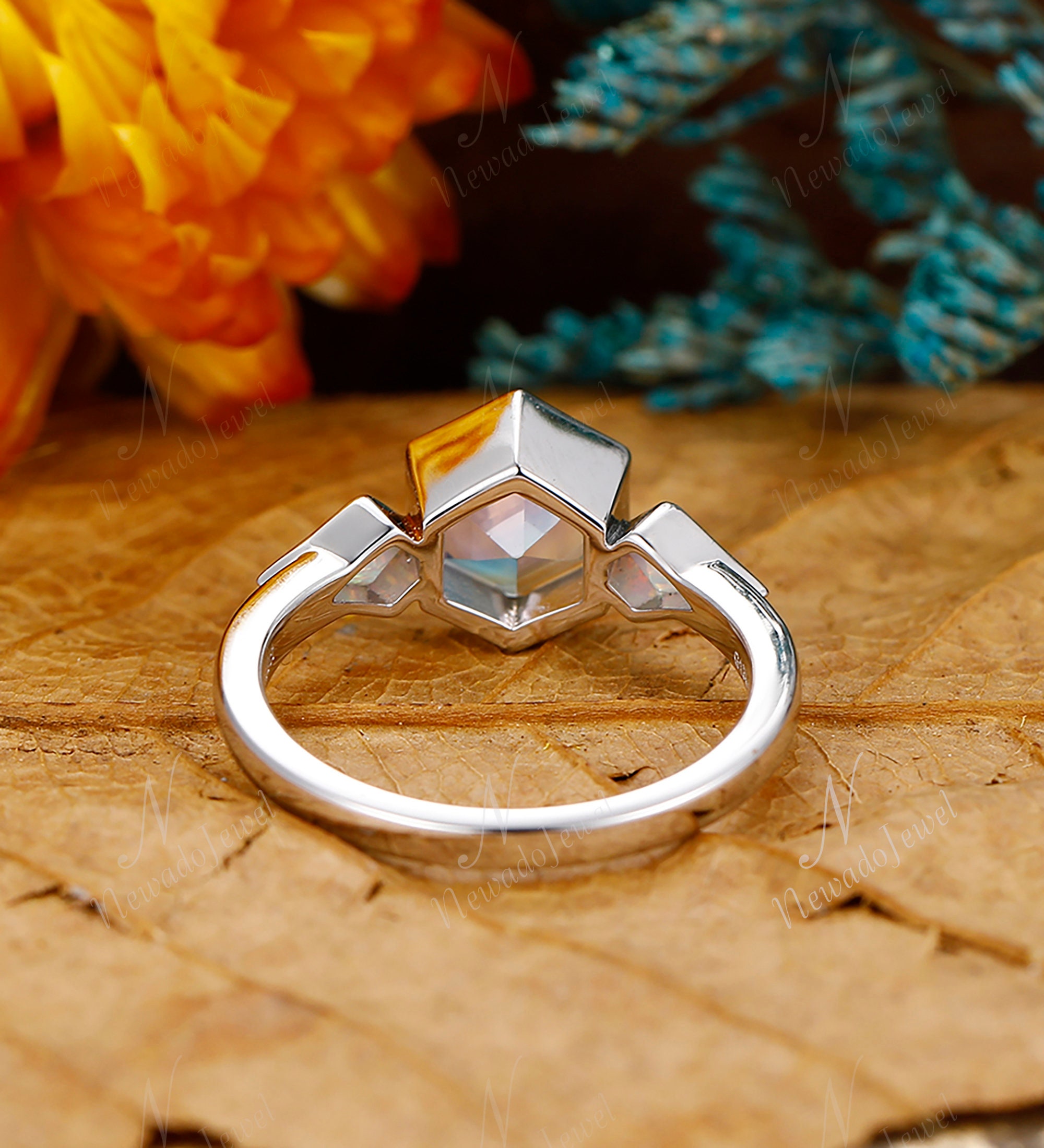 Bezel Set 6mm Hexagon Rainbow Moonstone Engagement Ring