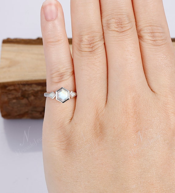 Bezel Set 6mm Hexagon Rainbow Moonstone Engagement Ring Bezel Set 6mm Hexagon Rainbow Moonstone Engagement Ring