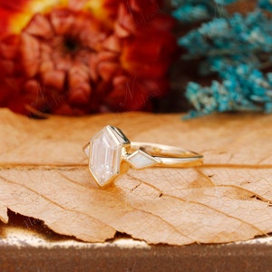 Art Deco Bezel Set 5x9mm Hexagon Cut Moissanite Engagement Ring, Kite Cut Opal Wedding Ring, Vintage Unique Anniversary Gold Ring For Women image 2