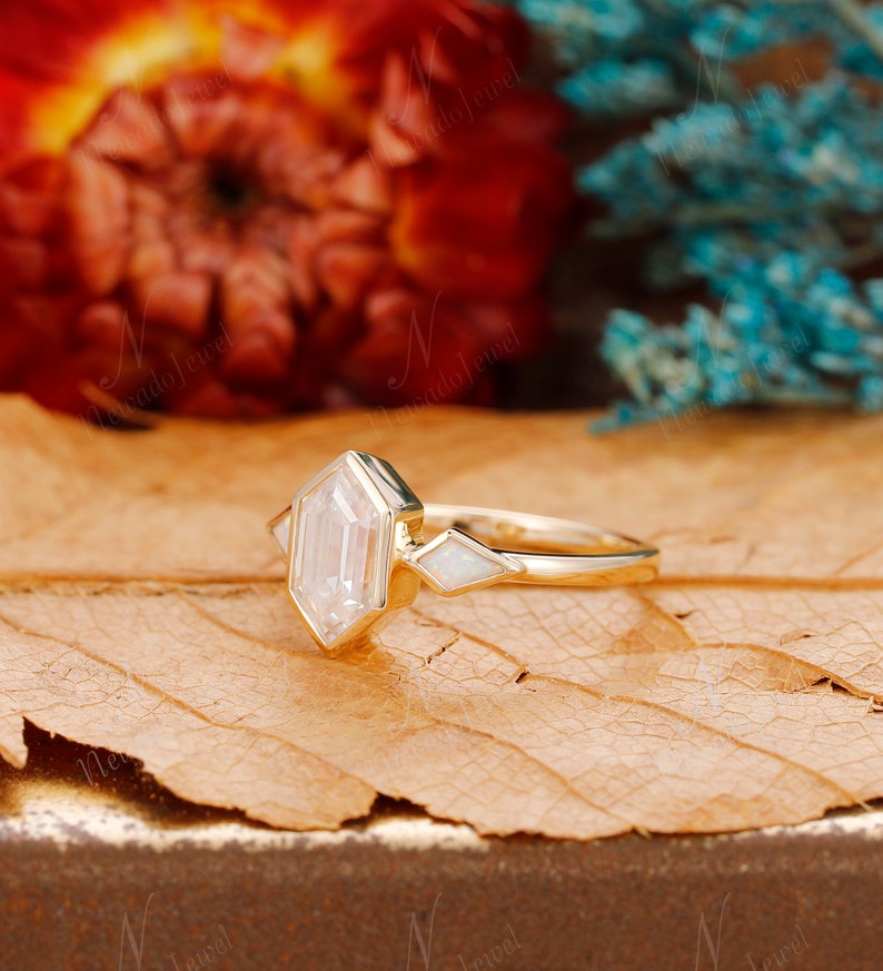 Art Deco Bezel Set 5x9mm Hexagon Cut Moissanite Engagement Ring, Kite Cut Opal Wedding Ring, Vintage Unique Anniversary Gold Ring For Women image 2