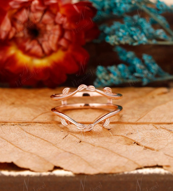 Leaf Floral Wedding Band, Unique Ring Guard Rose Gold, Art Deco