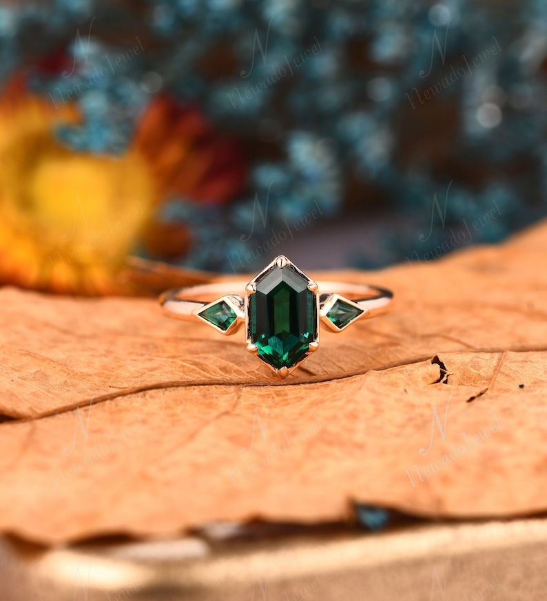 Art Deco Birthday Gift For Fiancée, Long Hexagon 5x9mm Emerald Engagement Ring, Antique Rose Gold Promise Ring, May Birthstone, Solid Gold 