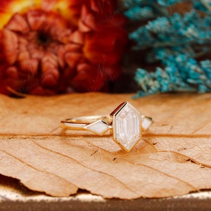 Art Deco Bezel Set 5x9mm Hexagon Cut Moissanite Engagement Ring, Kite Cut Opal Wedding Ring, Vintage Unique Anniversary Gold Ring For Women image 4
