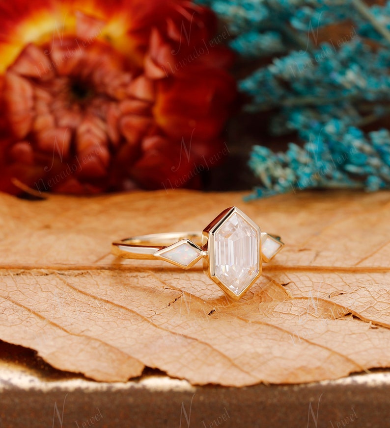 Art Deco Bezel Set 5x9mm Hexagon Cut Moissanite Engagement Ring, Kite Cut Opal Wedding Ring, Vintage Unique Anniversary Gold Ring For Women image 4