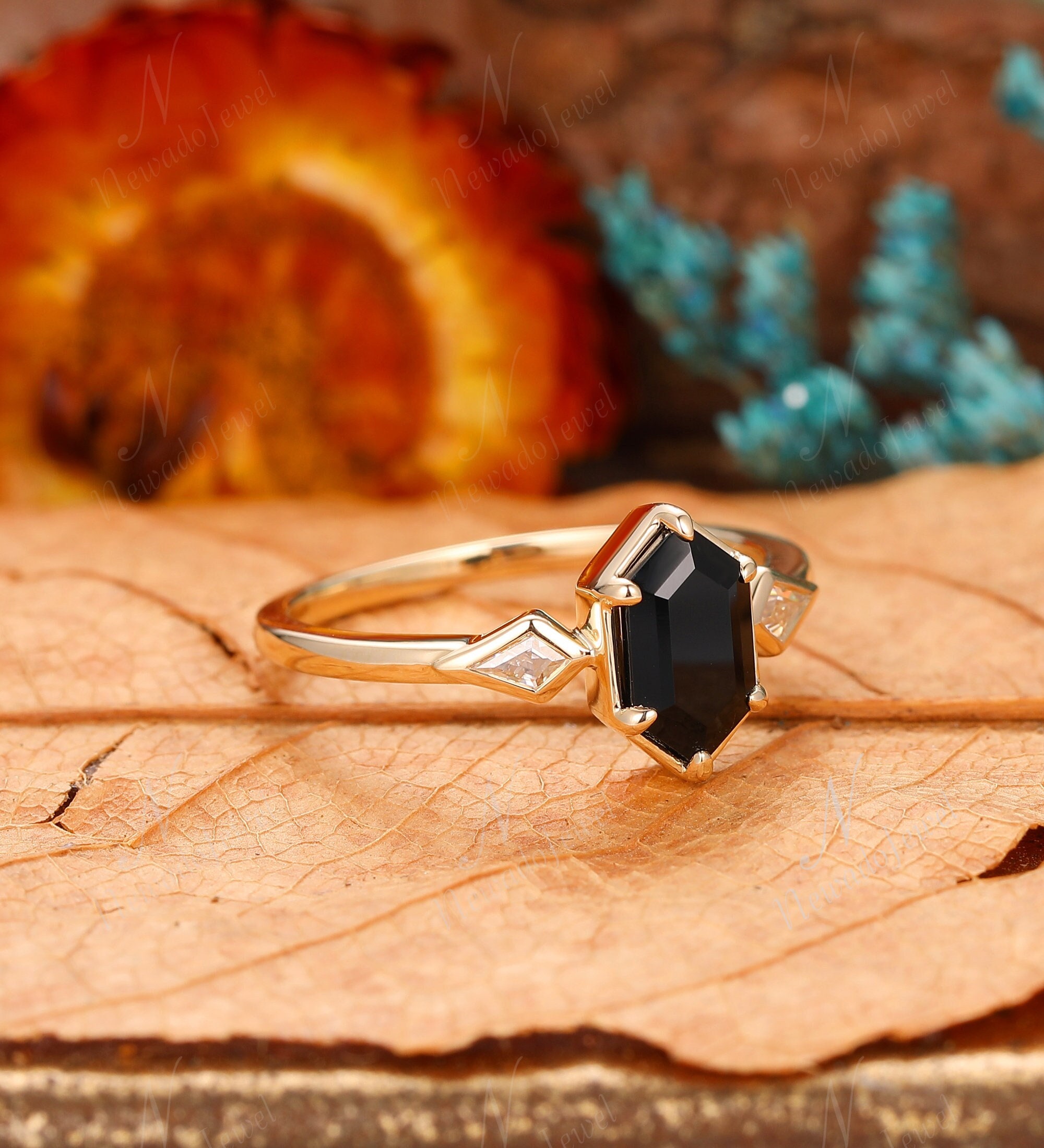 Low Profile Engagement Ring Art Deco Long Hexagon Cut Black Onyx