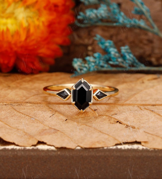 Hexagon Black Onyx Engagement Ring Delicate Yellow Gold Black