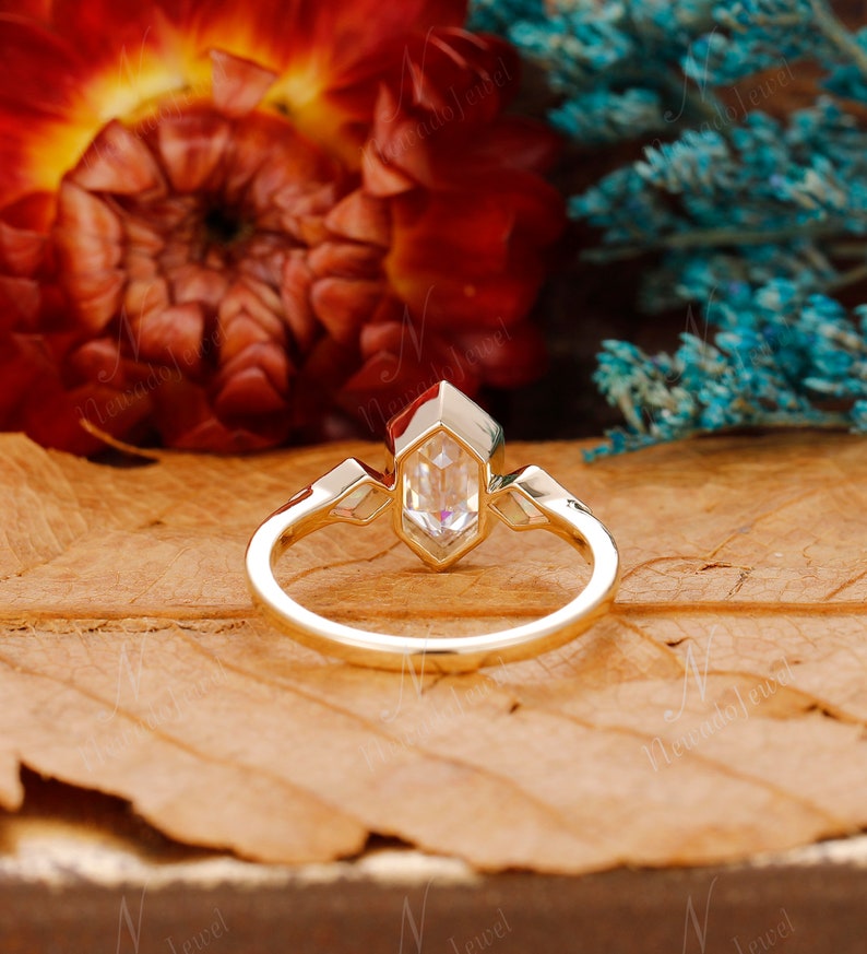 Art Deco Bezel Set 5x9mm Hexagon Cut Moissanite Engagement Ring, Kite Cut Opal Wedding Ring, Vintage Unique Anniversary Gold Ring For Women image 3