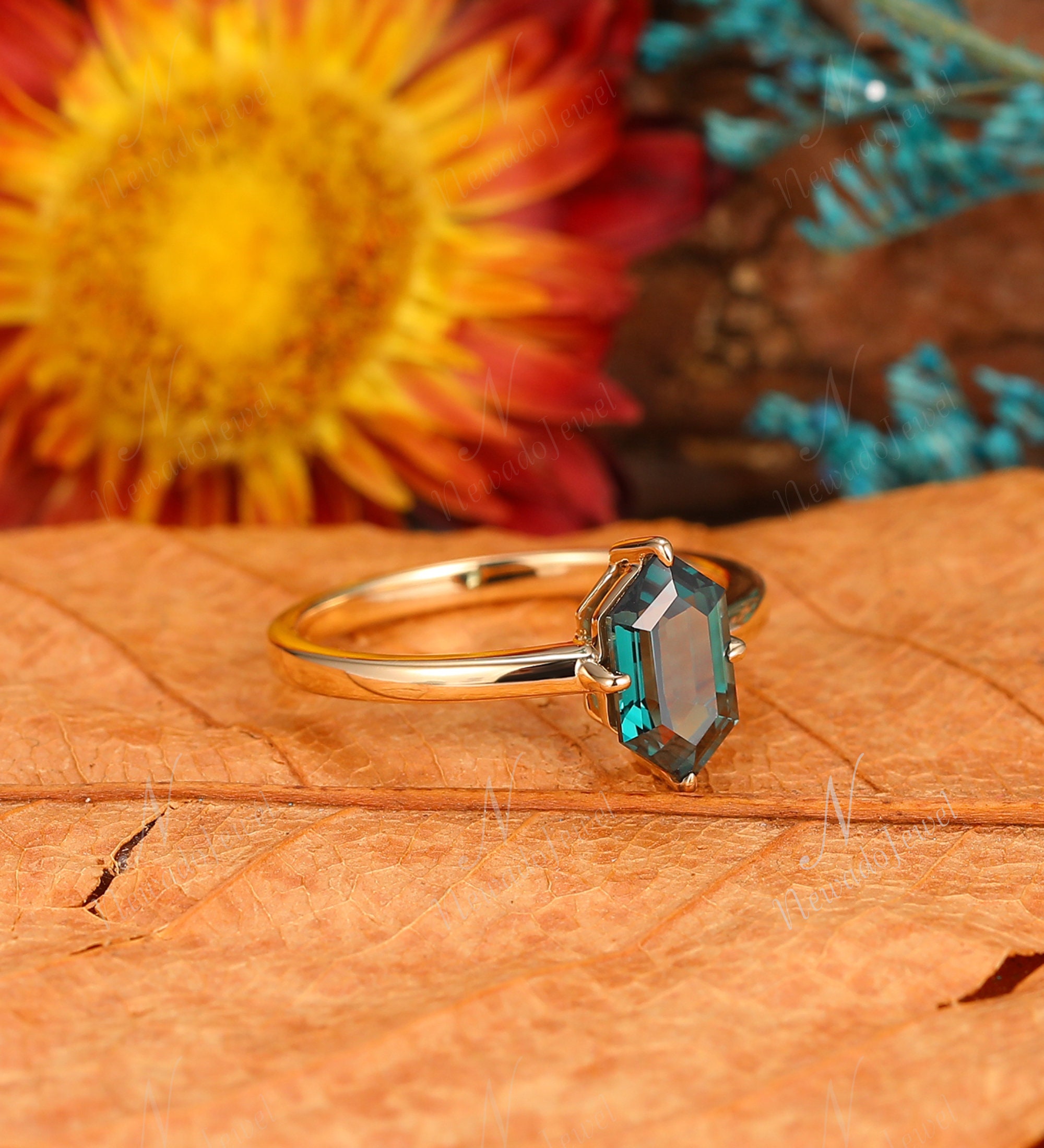 Long Hexagon Cut 5x9mm Teal Sapphire Engagement Ring, Yellow