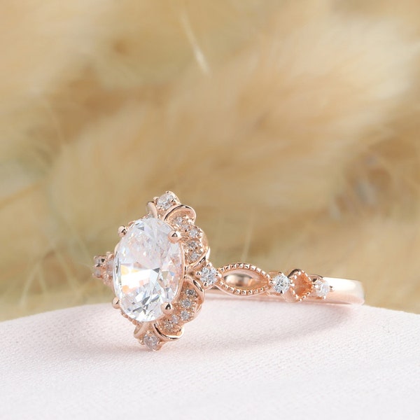 Halo Rose Gold Ring Oval Cut 6x8mm Moissanite Ring Vintage image 1