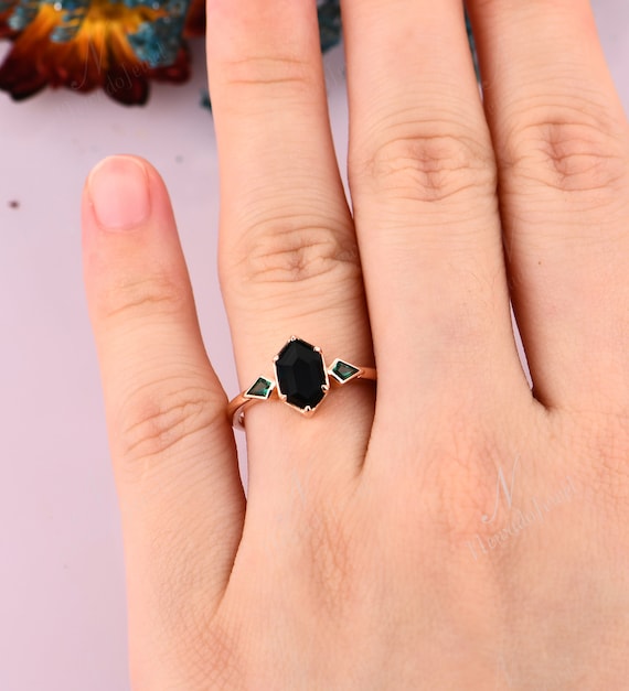 Art Deco Onyx Engagement Ring, Vintage Long Hexagon Shaped Art Deco Onyx Engagement Ring, Vintage Long Hexagon Shaped