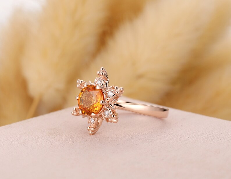 Gemstone Ring, 6.5mm Round Cut Natural Yellow Sapphire Engagement Ring, Conflict Free Diamond Accent Ring, Solid 14k Gold Anniversary Ring image 2
