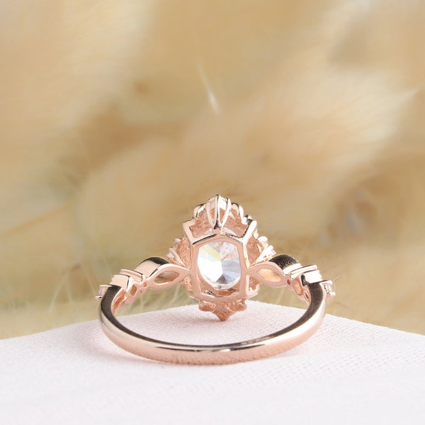 Halo Rose Gold Ring Oval Cut 6x8mm Moissanite Ring Vintage image 2