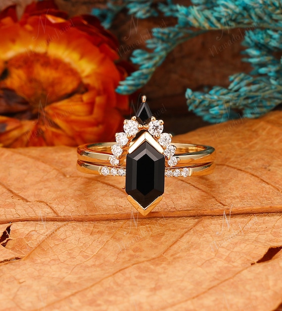 Natural Black Onyx Engagement Ring Set Long Hexagon Promise Ring