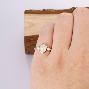 Art Deco Bezel Set 5x9mm Hexagon Cut Moissanite Engagement Ring, Kite Cut Opal Wedding Ring, Vintage Unique Anniversary Gold Ring For Women image 5