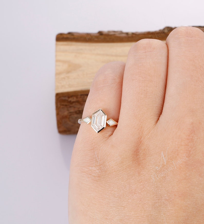 Art Deco Bezel Set 5x9mm Hexagon Cut Moissanite Engagement Ring, Kite Cut Opal Wedding Ring, Vintage Unique Anniversary Gold Ring For Women image 5