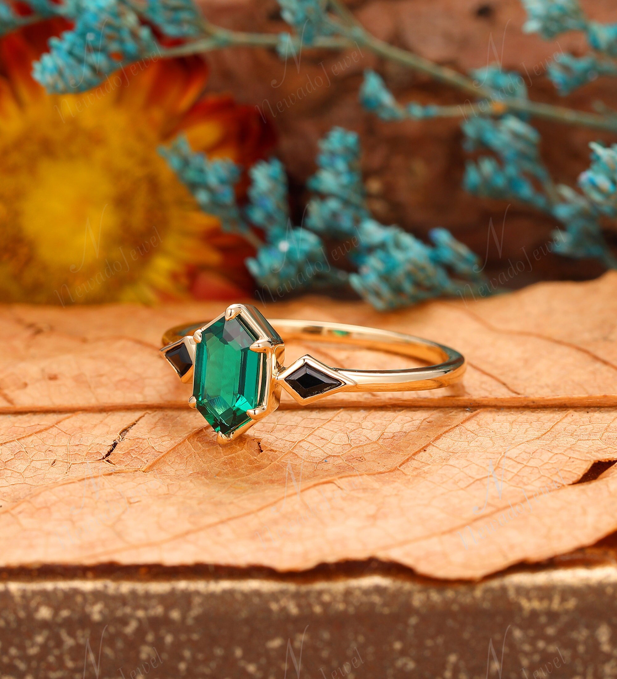 Vintage Long Hexagon 5x9mm Emerald Engagement Ring, Kite Cut Vintage Long Hexagon 5x9mm Emerald Engagement Ring, Kite Cut