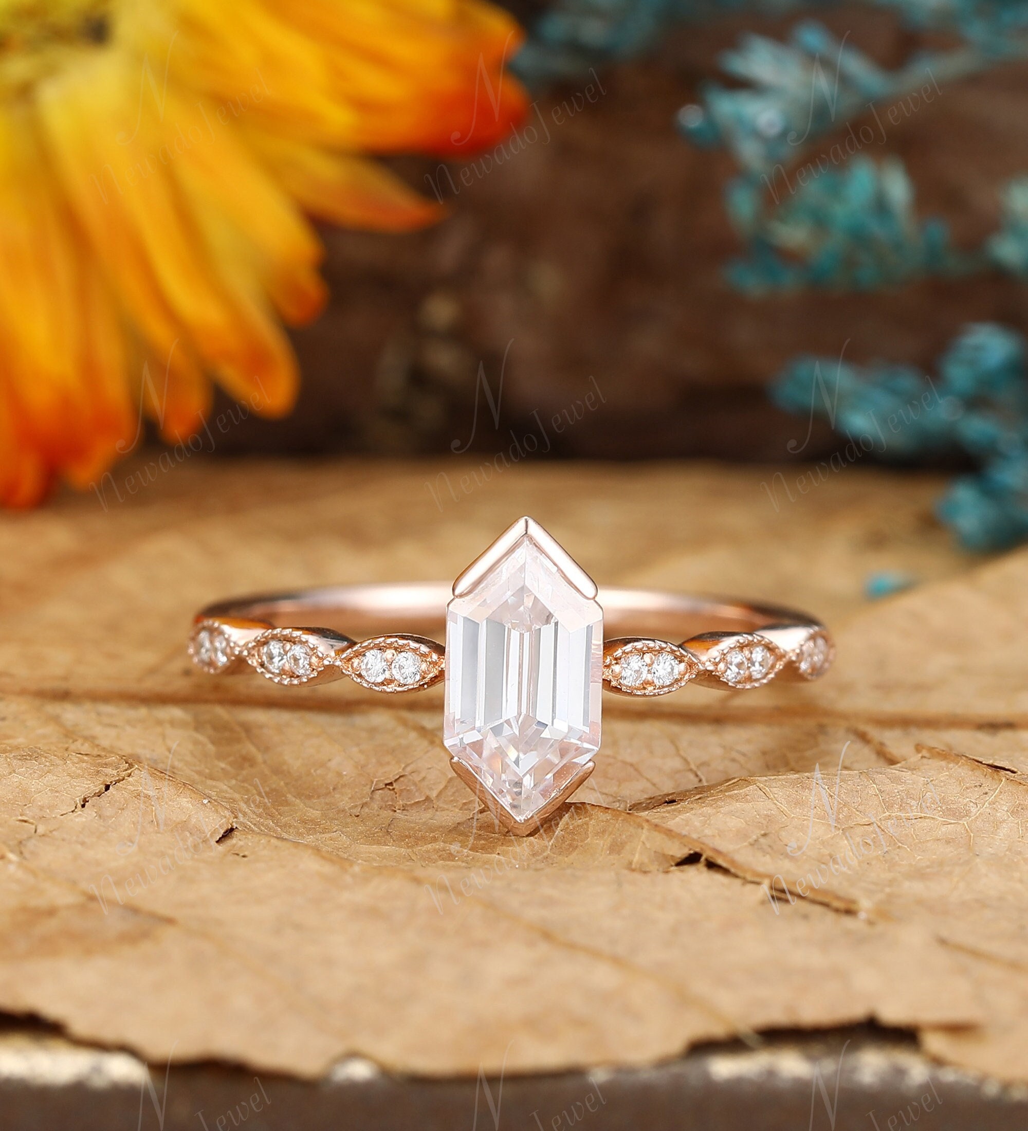 Antique Hexagon Bezel Ring Vintage Hexagon Moissanite