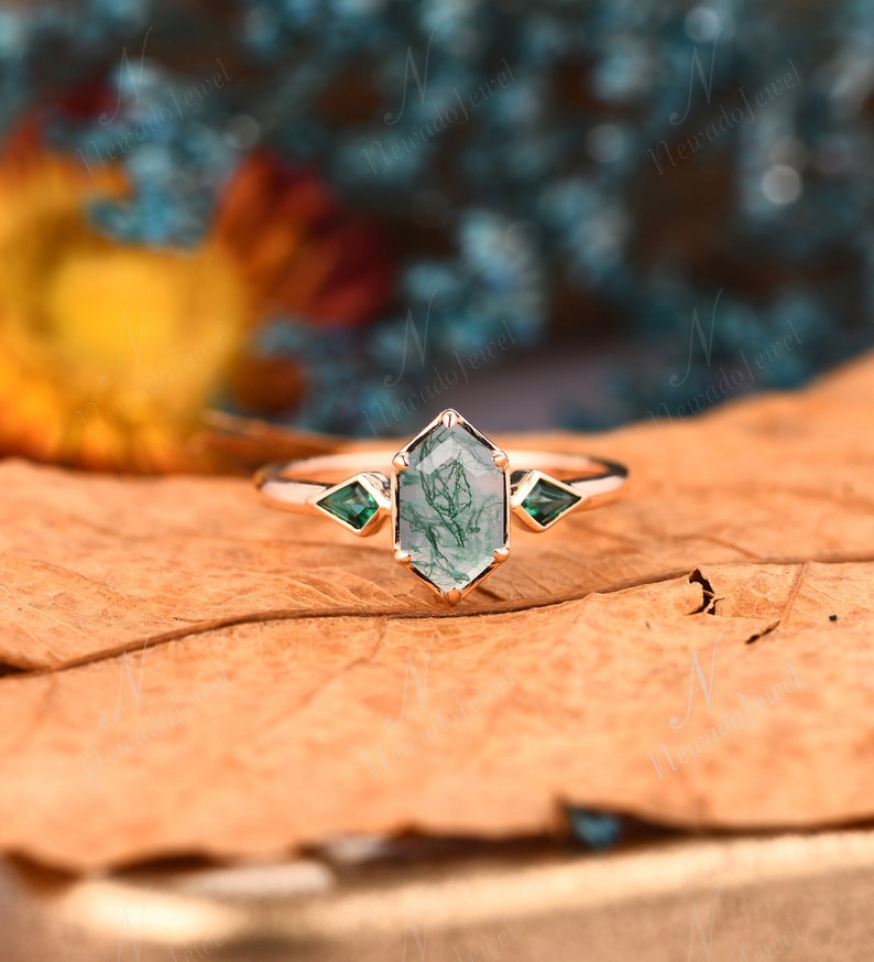 Unique Hexagon Moss Agate Engagement Ring, Prong Set Bridal Anniversary Gift For Women, Art Deco Kite Emerald Ring, Green Gemstone Jewelry 