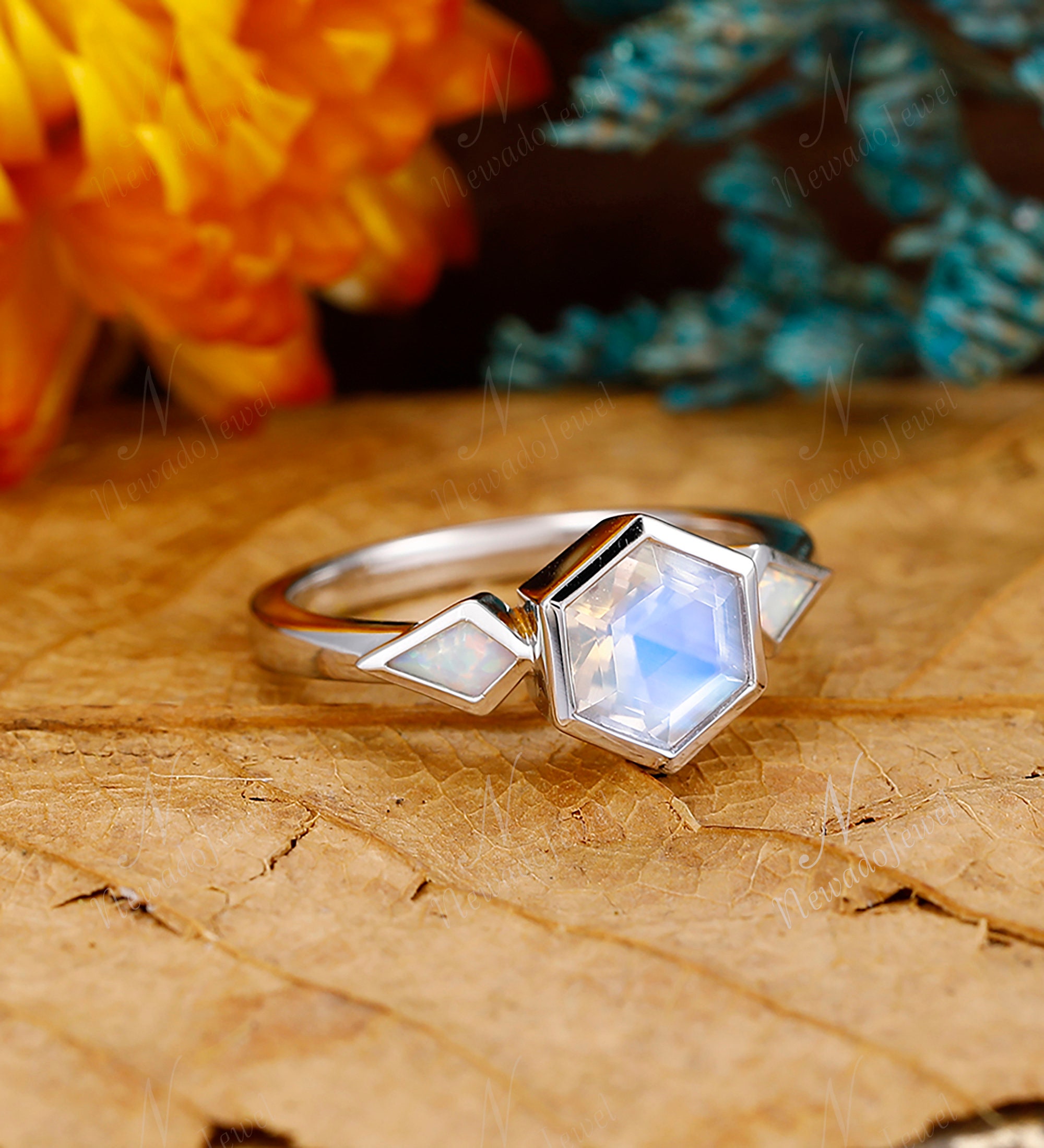 Bezel Set 6mm Hexagon Rainbow Moonstone Engagement Ring Bezel Set 6mm Hexagon Rainbow Moonstone Engagement Ring