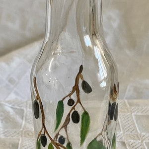 Beautiful, unique hand-painted glass bottles-olive themed. Ready for your use-the possibilities are endless!