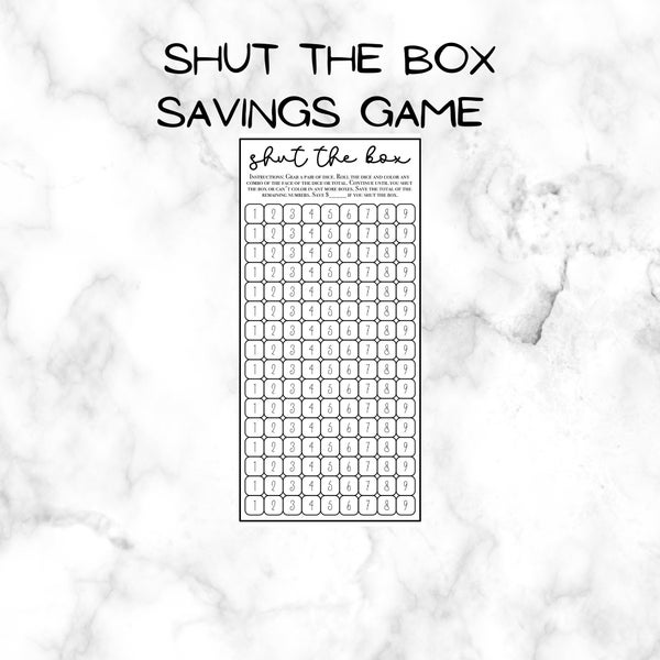 Digital Download, you print, SHUT THE BOX savings challenge, savings challenges, savings, savings tracker, budgeting, diy savings challenge